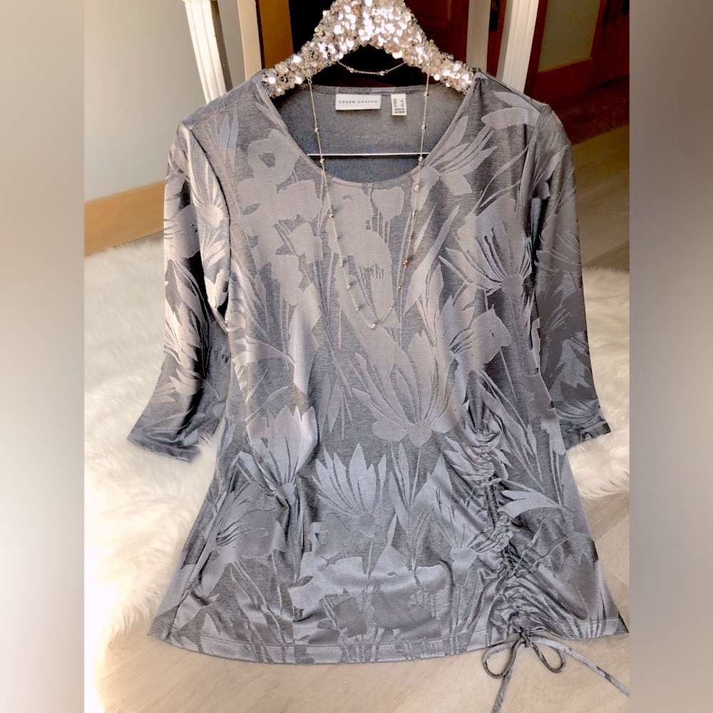 Susan Graver Silver Metallic Print Dressy Long Sleeve Top With Ruching Cinch Tie